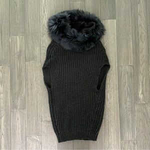 Haute Hippie Navy Blue Wool Knit Pullover Sweater Dress Vest Poncho Fur Lined